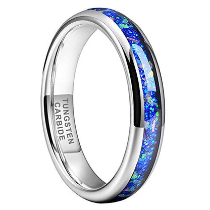 TUTISS 4mm Silver/Black Tungsten Rings for Women Men Engagement Wedding Bands Genuine Blue Green Galaxy Opal Inlay Domed Polished Comfort Fit - color: 4mm Tungsten Blue Galaxy Opal