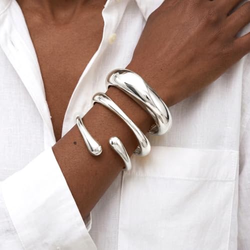 Chunky Gold Bangle Bracelets for Women, 14K Gold Plated Big Stackable Cuff Bracelet Set, Dainty Thick Dome Teardrop Bangles, Trendy Statement Jewelry Fashion Accessories - color: Silver