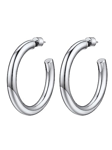 PROSTEEL Chunky Hoop Earrings for Women 14K Gold Plated/Black/Silver | 20/30/40/50/60/70/80mm Stainless Steel Thick Big Round Hoop with Waterproof and Non Tarnish Trendy Jewelry with Gift Box - color: 2. Silver, size: 40MM
