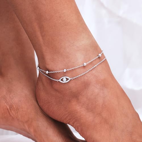 CHIC & ARTSY 925 Sterling Silver Ankle Bracelets for Women, Adjustable Layered Foot Chains with Nature & Symbol Charms, Lightweight Comfort Fit Boho Beach Everyday Jewelry - color: Evil Eye/silver