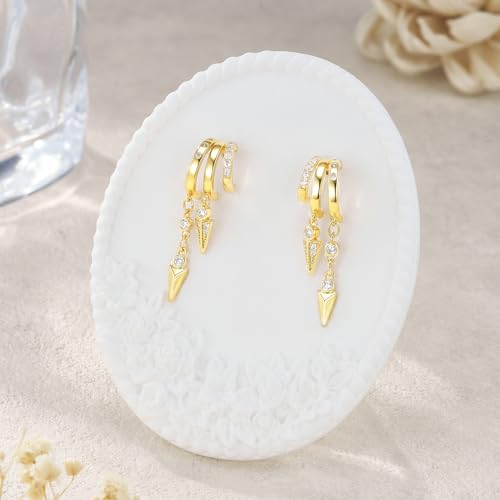 Cicy Bell Gold Earrings For Women 18k Gold Plated Triple Dangle Earrings | Hypoallergenic Drop Huggie Earrings Small Hoop Statement Chain Tassel Earrings Trendy Jewelry Gifts - color: Style D-Gold