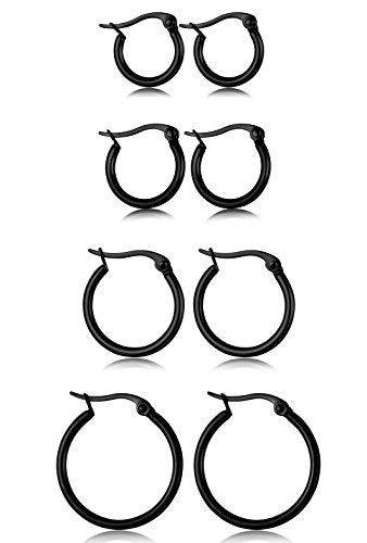 ORAZIO Stainless Steel Hoop Earrings Set Huggie Earrings for Women | Hypoallergenic Thin Small Non Tarnish Lightweight Dainty Trendy 10-20MM Women Stacks Multiple Piercing Jewelry Gift - style: D: Black-tone,4 pairs