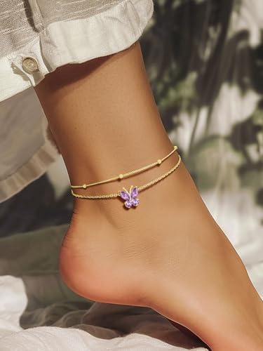Richsteel Double Layer Heart/Butterfly Birthstone Anklet for Women | Non Tarnish Waterproof, Silver/Gold/Black Stainless Steel 8.5-10.5 Inch Adjustable Chain Anklets Summer Beach Foot Jewelry - color: Gold Butterfly-06 Jun.(Alexandrite)