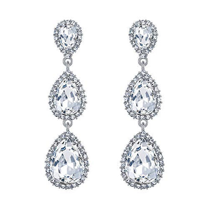 EleQueen Women's Crystal Teardrop Pear Shape 2.5 Inch Long Earrings | Dangle Earrings for Women, TearDrop Crystals Earrings for Bride Bridesmaid, Prom Jewelry for Wedding - color: 03-Silver-tone Clear
