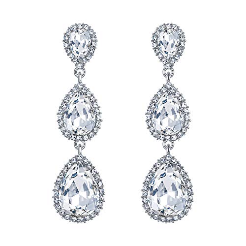 EleQueen Women's Crystal Teardrop Pear Shape 2.5 Inch Long Earrings | Dangle Earrings for Women, TearDrop Crystals Earrings for Bride Bridesmaid, Prom Jewelry for Wedding - color: 03-Silver-tone Clear