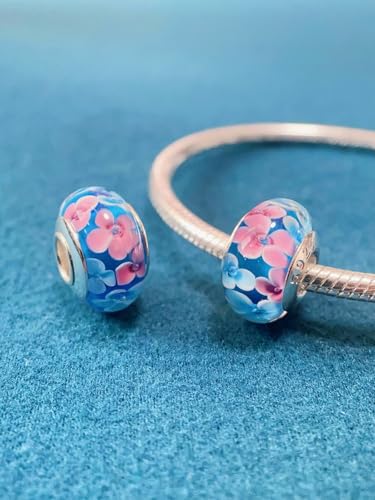 2pcs Authentic 925 Silver Murano Glass Flower Charms for Pandora Bracelets - color: 03-Pink & White flowers