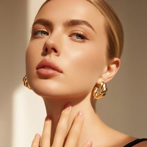 IFKM Gold Plated Jewelry Set for Women,14k Gold Plated Multi Layer Necklaces Stackable Bangle Bracelets Stackable Knuckle Rings Hoop Earrings Set Anniversary Trendy Elegance Charms Anniversary Birthday Jewelry Gift - color: Gold Chunky