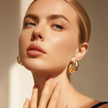 IFKM Gold Plated Jewelry Set for Women,14k Gold Plated Multi Layer Necklaces Stackable Bangle Bracelets Stackable Knuckle Rings Hoop Earrings Set Anniversary Trendy Elegance Charms Anniversary Birthday Jewelry Gift - color: Gold Chunky