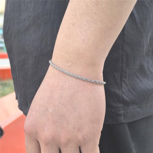 kelistom 18K Gold Silver Tone Rope Link Chain Bracelet for Women Men, 3mm 4mm Braided Rope Chain Bracelets, 7” 7.5” 8.3”, - size: 7.0", style: 3mm-silver