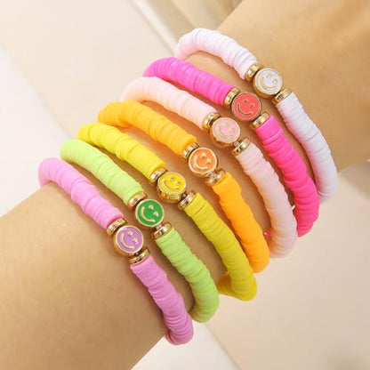 Friendship Bracelets for Women - Heishi Surfer Colorful Smile Evil Eye Clay Beaded Stretch Bracelets Elastic Layering - Stackable Boho Disc Y2K Aesthetic Summer Jewelry Set. - color: COLORFUL SMILE