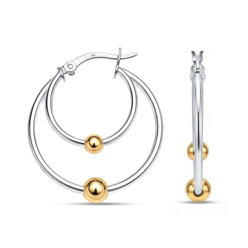 LeCalla 925 Sterling Silver Hoop Earrings for Women | Lightweight Two-Tone & Gold-Plated Hoops Earring Jewelry | Bead Ball & Evil Eye Click-Top Round & Oval Hoop Earrings Jewelry Gifts - color: Two-Tone Double Hoop