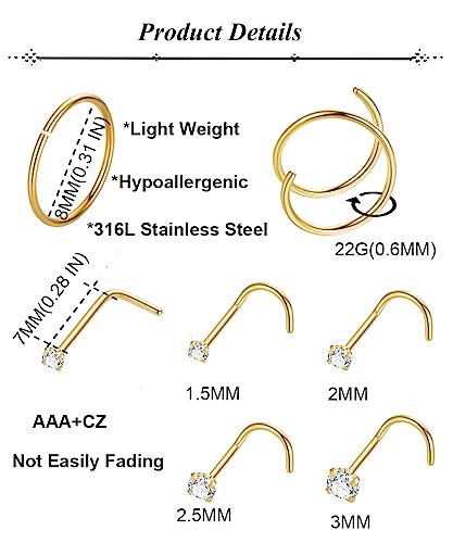 21PCS 18G 20G 22G 316L Stainless Steel Nose Rings Hoop for Women Men Double Nose Ring CZ Nose Stud Piercing Jewelry - color: 22G-Gold tone