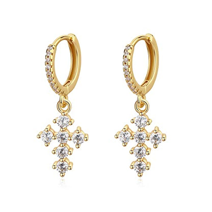 DAILY VIBES Cute Gold Mini Dangle Huggie Hoop Earrings for Women Trendy | 14K Gold Plated, Dainty Cubic Zirconia, Small Hoop Earrings with Charm Drop, Jewelry Gift for Women Ladies - color: Cross B CZ
