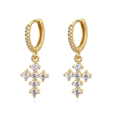 DAILY VIBES Cute Gold Mini Dangle Huggie Hoop Earrings for Women Trendy | 14K Gold Plated, Dainty Cubic Zirconia, Small Hoop Earrings with Charm Drop, Jewelry Gift for Women Ladies - color: Cross B CZ