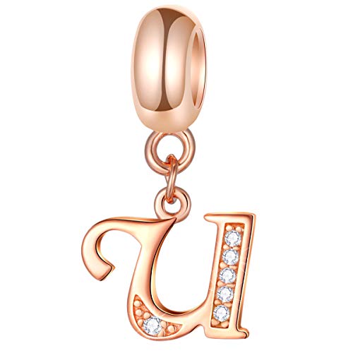 EMOSTAR Letter Charms Initial A-Z Alphabet Beads, Rose Gold 925 Sterling Silver Dangle CZ Birthstone Pendant, Gifts for European Charm Bracelet/Mothers Day/Birthday - color: Letter U