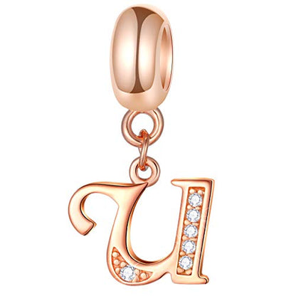 EMOSTAR Letter Charms Initial A-Z Alphabet Beads, Rose Gold 925 Sterling Silver Dangle CZ Birthstone Pendant, Gifts for European Charm Bracelet/Mothers Day/Birthday - color: Letter U