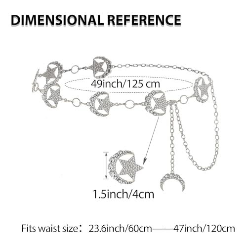 Rhinestone Moon Chain Belt Sparkly Star Waist Chain Adjustable Body Jewley for Women Dress Belt Accessory - style: Silver moon star A