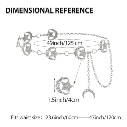 Rhinestone Moon Chain Belt Sparkly Star Waist Chain Adjustable Body Jewley for Women Dress Belt Accessory - style: Silver moon star A