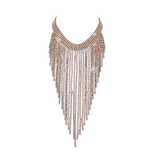 Aomcisi Fashion Women Sexy Rhinestone Bib Choker Necklace Tassel Long Chain Necklace - color: Gold