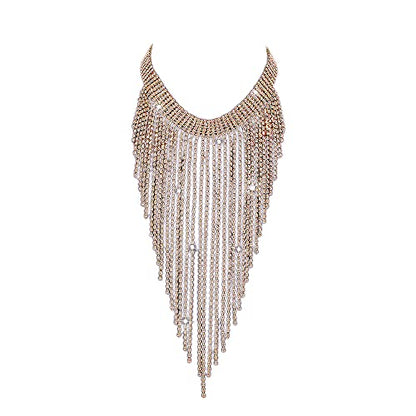 Aomcisi Fashion Women Sexy Rhinestone Bib Choker Necklace Tassel Long Chain Necklace - color: Gold