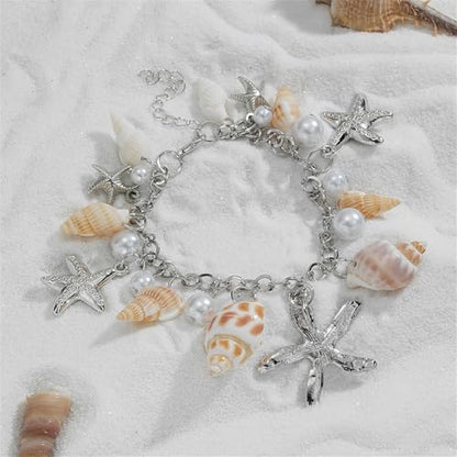 Spiritrain Handmade Starfish Seashell Pearl Bracelets for Women Gold Plated Bohemian Charm Sea Shell Couch Beads Adjustable Chain Anklet Bracelets Hawaiian Beach Holiday Mermaid Costume Jewelry Gifts - color: Silver