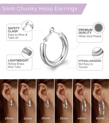 wowshow Gold Hoop Earrings for Women Chunky Hoops 14K Gold Plated Thick Hollow Tube Lightweight Earrings for Mother Birthday Gifts 20/25/30/40/50MM - color: Silver-22MM