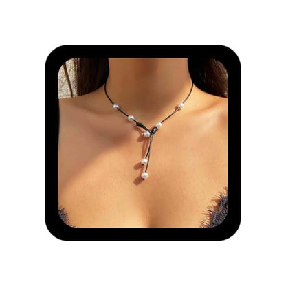 Vintage Black Leather Pearl Choker Necklace Leather Y Lariat Necklace Pearl Tassel Drop Necklaces Gothic Suede Rope Necklaces Jewelry for Women (Pearl3)