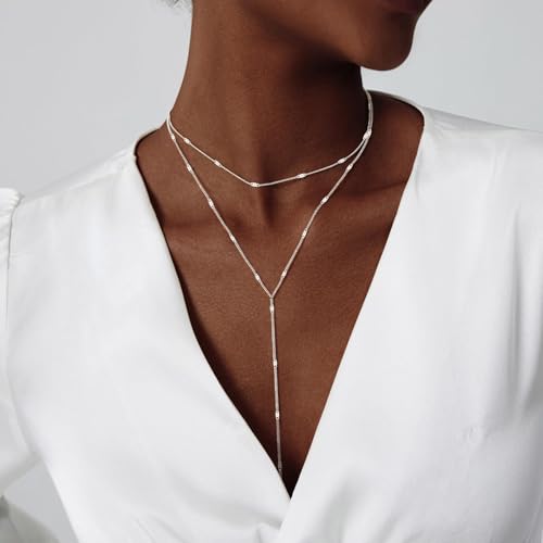 HAXIYA Gold Pearl Y-Shaped Necklace for Women Layered Lariat Long Pendant | 14K Gold Plated/Sterling Silver Dainty Drop Chain Layered Pearl/Beaded Necklaces Simple Gold Jewelry for Women - color: Sequin - Silver