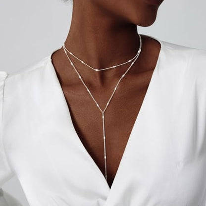 HAXIYA Gold Pearl Y-Shaped Necklace for Women Layered Lariat Long Pendant | 14K Gold Plated/Sterling Silver Dainty Drop Chain Layered Pearl/Beaded Necklaces Simple Gold Jewelry for Women - color: Sequin - Silver