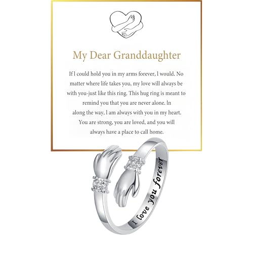 Granddaughter Daughter Hug Ring For Hope Rings, Stainless Steel Inspirational Jewelry Engraved Always With You Love You Forever Message Adjustable Non Tarnish Jewelry Birthday Gift Card - color: CZ LYF(Dear)