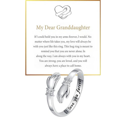 Granddaughter Daughter Hug Ring For Hope Rings, Stainless Steel Inspirational Jewelry Engraved Always With You Love You Forever Message Adjustable Non Tarnish Jewelry Birthday Gift Card - color: CZ LYF(Dear)