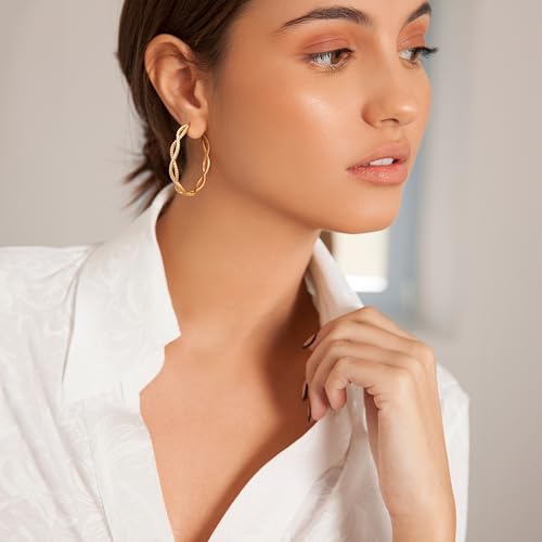 Gold Hoop Earrings for Women 14K Gold Earrings for Women | Twist CZ Gold Hoop Earrings 14K Gold Hoop Earrings Hypoallergenic Lightweight Gold Hoop Earrings for Women 20/25/30/40/50mm - size: 50MM