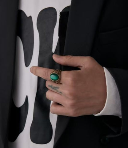 Retro Large Tiger Eye Stone Turquoise Wedding Ring For Men Classical Gothic Stainless Steel Rings - color: Gold-Green