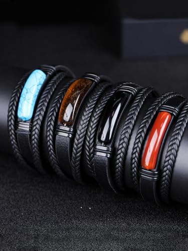 Mens Black Leather Obsidian/Turquoise/Tiger Eye/Red Agate Bracelet–Braided Multi‑Layer Wristband Cuff Bangle Bracelet with Stainless Steel Clasp Gift Jewelry Box Included - color: Turquoise Stone, size: 8.3in(Fits most wrists)