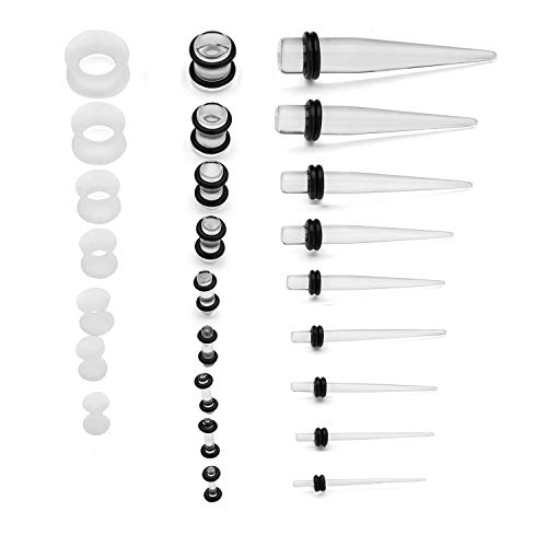 50-Piece Ear Gauges Stretching Kit, 14G-00G | Acrylic tapers and plugs with soft silicone tunnels, body piercing jewelry for women and men - color: Transparent
