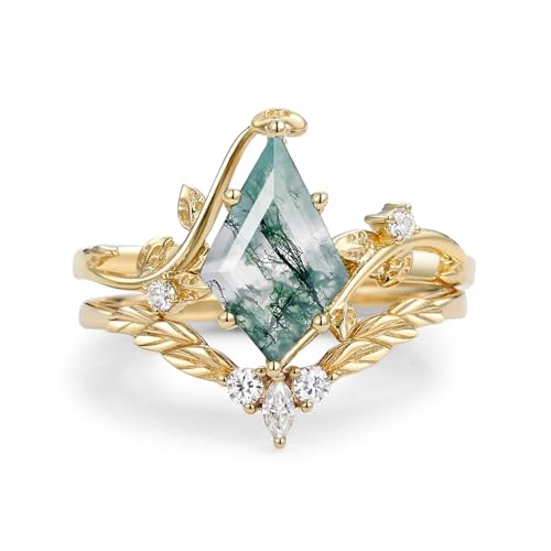 Natural Moss Agate Leafy Vintage Bridal Sets Wedding Rings for Women, 10K 14K 18K Solid Gold Kite-Cut Green Moss Agate and Moissanite Engagement Ring for Women Mother Her Jewelry Gift - color: 06-style6