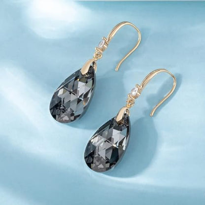 Austrian Crystal Teardrop Dangle Drop Earrings for Women 14K Gold Plated Hook Earring Hypoallergenic Jewelry Gifts for Women Girls - color: Grey-Black