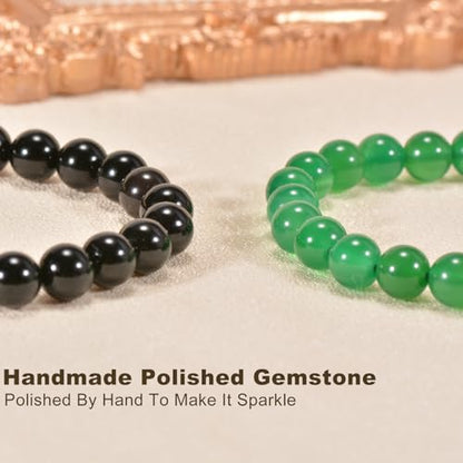 2PCS Agate Bracelet for Women Men Natural Round Beaded Agates Stone Healing Stretch Bracelets Elastic Handmade Polished Gemstone Beads Bracelet - color: Black+Green, size: 8mm Beads