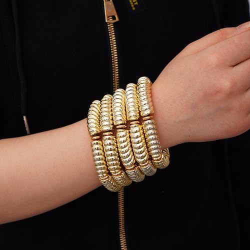 LALAPPLE Gold Plated Beaded Acrylic Bamboo Tube Bangle Bracelets for Women, Colorful Chunky Curved Tube With Gold Plated Pieces Beads Stretch Bracelet Friendship Summer Beach Jewelry - color: B-gold 5pcs(Chunky set)