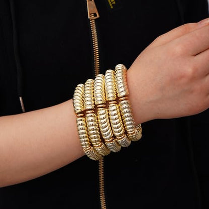 LALAPPLE Gold Plated Beaded Acrylic Bamboo Tube Bangle Bracelets for Women, Colorful Chunky Curved Tube With Gold Plated Pieces Beads Stretch Bracelet Friendship Summer Beach Jewelry - color: B-gold 5pcs(Chunky set)