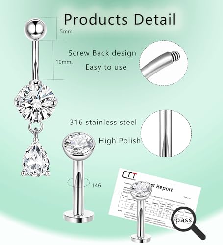Dangle Floating Gold Belly Button Ring Surgical Stainless Steel Navel Piercing Set Hypoallergenic Small 14g Belly ring Heart Short Cute Pink Dangly Belly Piercing Jewelry for Women - color: silver