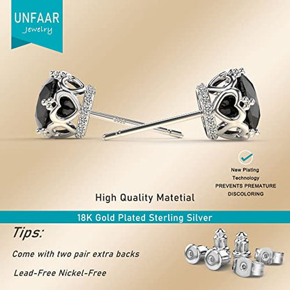 Round Cut Cubic Zirconia Stud Earrings for Men Women | Brilliant CZ Simulated Diamond, 18K White Gold Plated Sterling Silver, Hypoallergenic - color: Black CZ