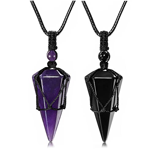 Top Plaza Mens Necklace, Crystal Gemstone Protection Pendant Necklace | Healing Crystals Necklace for Men Adjustable 6 Facet Pointed Necklace Energy Natural Quartz Protect Jewelry Gifts - color: Black Rope - Amethyst+Black Obsidian