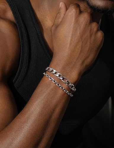 Silver Bracelet Set for Men, Figaro and Cable Link Chain | Stainless steel Figaro and cable link bracelets for stacking, daily wear, and gifts - color: Style1-8 inch