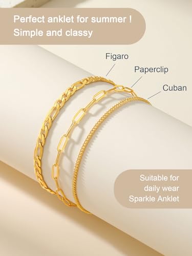 ChainsPro Stainless Steel Waterproof Anklet for Women, Adjustable Non Tarnish Layered Anklets, Trendy Dainty Cuban Link Ankle Bracelet Beach Jewelry Gifts for Swimming & Daily Wear (8.5+2 inches) - style: 3pcs-Style-B-Gold