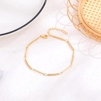Womens Dainty Gold Chain Bracelet,Simple Layered Chain Bracelets,Beaded Turquoise Bracelet,Charm Crystal Bar,Heart,Karma,Triangle,Pearl Bracelets for Women - color: Handmade Chain