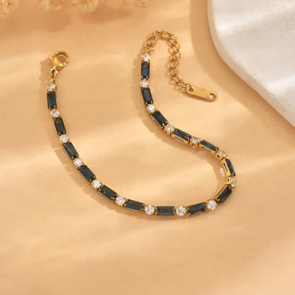 18K Gold Plated Multi-Color Classic Tennis Bracelet for Women Dainty Color 3mm Rainbow Cubic Zirconia Bracelet Adjustable CZ Gold Bracelets Trendy Summer Jewelry Gift - style: Navy Blue-Gold