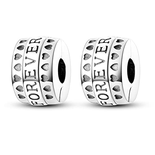Parmuz Clip Spacer Charm for Bracelet 925 Sterling Silver Stopper Beads | Pave Lock Stopper Charm for Necklace Pink Daisy Butterfly Cubic Zirconia Openable Beads Jewelry Gift for Woman - color: 2pcs Family forever clip charm