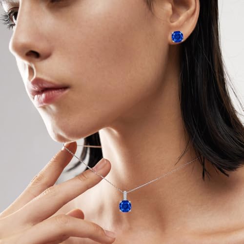 Rose Cut Silver Solitaire Necklace and Earring Set for Women, Jewelry Gift | Rose Cut, Cubic Zirconia, Necklace and Stud Earrings Set, Jewelry Set, Minimalist - color: Sapphire Blue