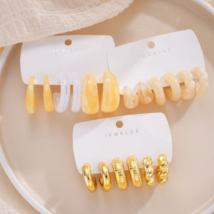 Chunky Gold Hoop Earrings for Women 9 Pairs, Fashion Resin Jewelry Gifts | Thick, Open, Twisted, Huggie, lightweight, 14K Gold-plated, Hypoallergenic, Great for Party/Gathering/Wedding/Work/Daily - color: Yellow